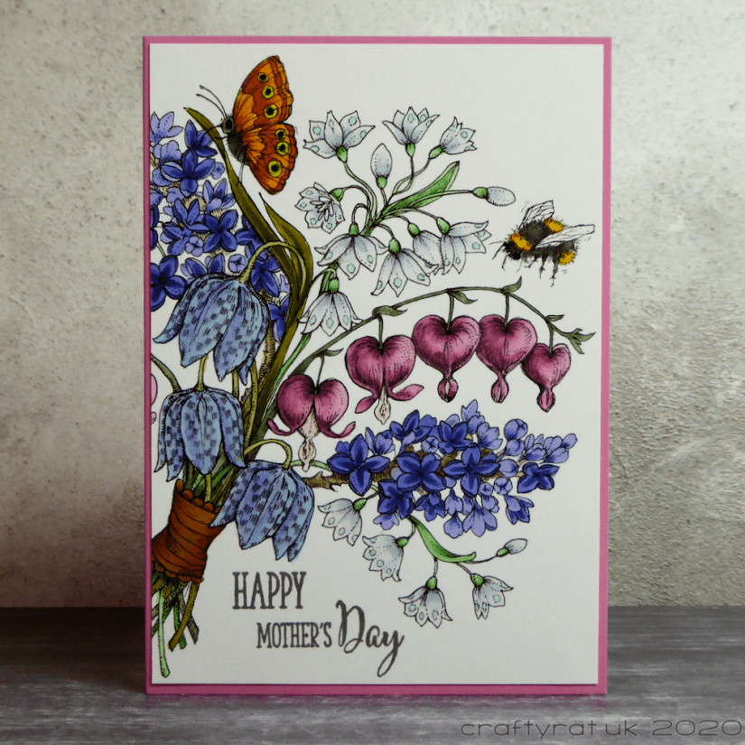 Mother's Day card with a bouquet of spring meadow flowers, a butterfly and a bee on it.