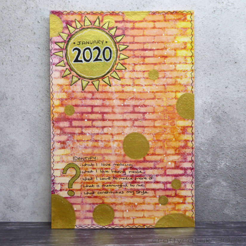 January art journal page. Magenta, orange and yellow brickwork patterned background with gold circles.