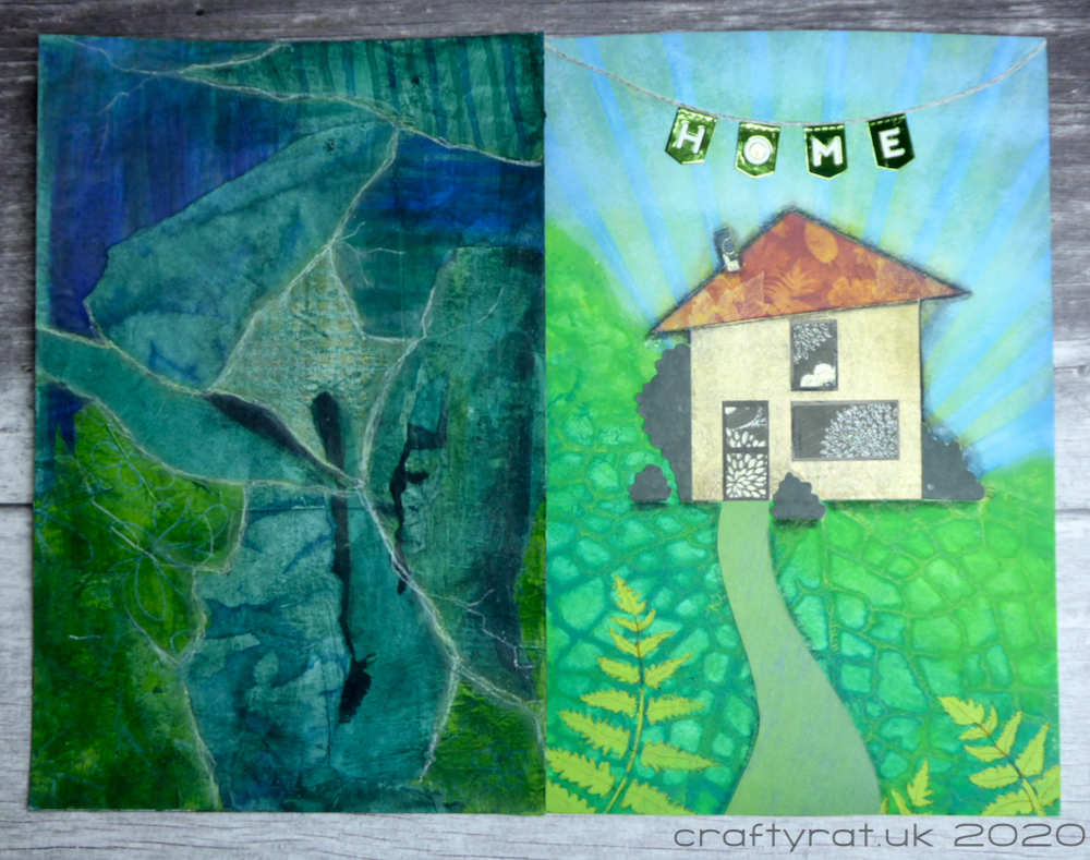 Two page spread with an abstract collaged page in blues and greens on the left and the "home" journal page on the right.