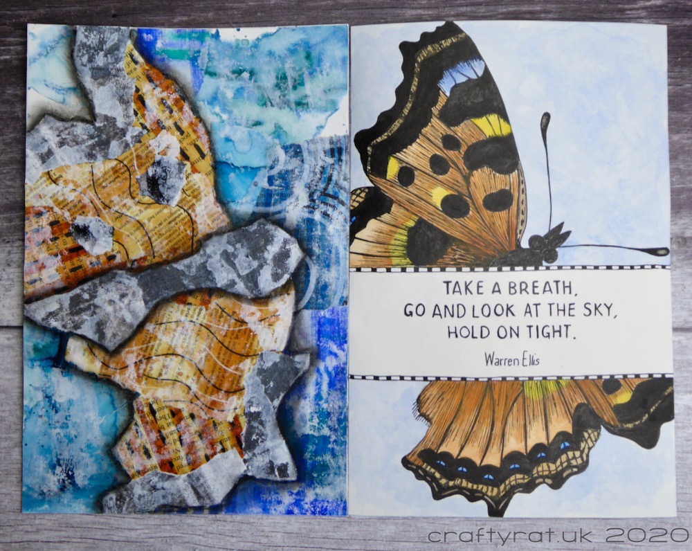 Two-page spread with the butterfly on the right and the matching collage page on the left.