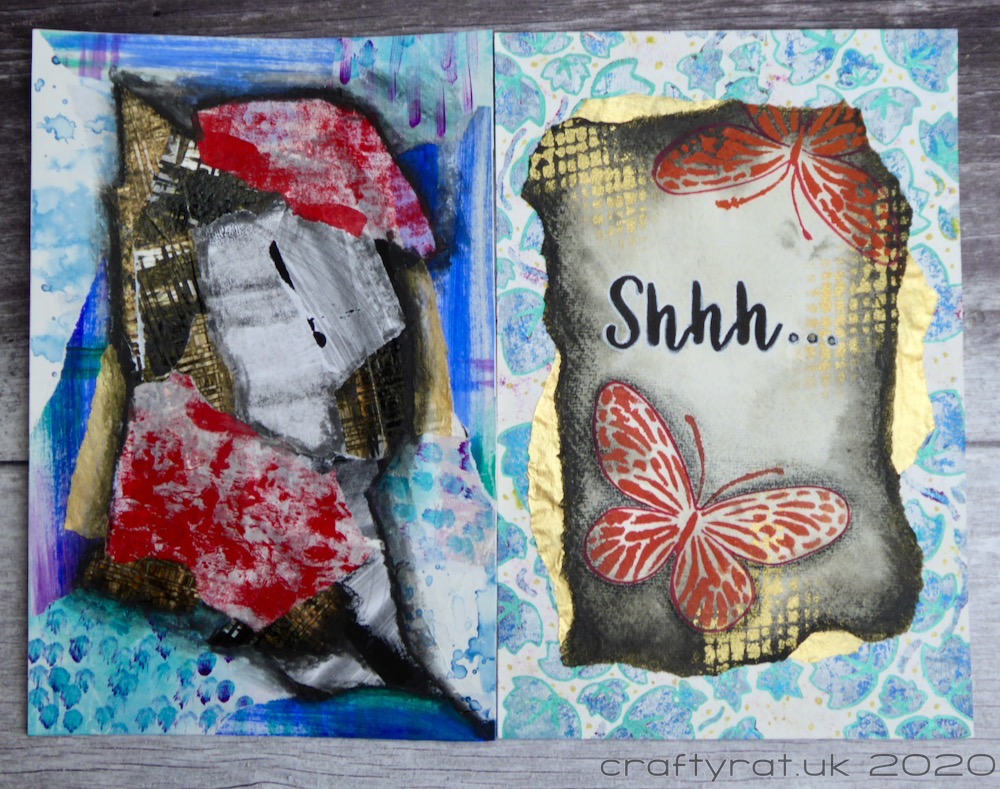 Art journal page with corresponding collage page which roughly mimics the colour layout of the main journal page.