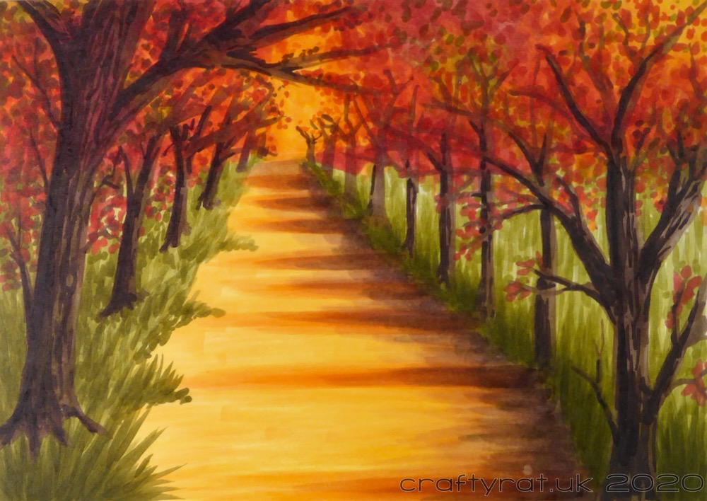 A path through an autumnal wood, created with Copic markers.