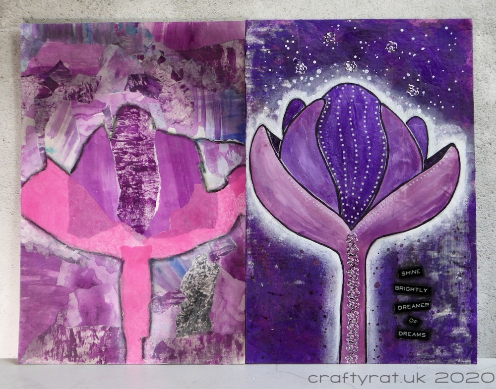 The lotus flower art journal page with the corresponding collaged version.