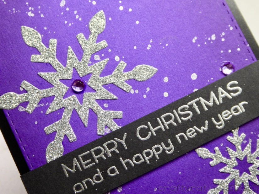 A close-up of the sentiment and one of the snowflakes on the card.