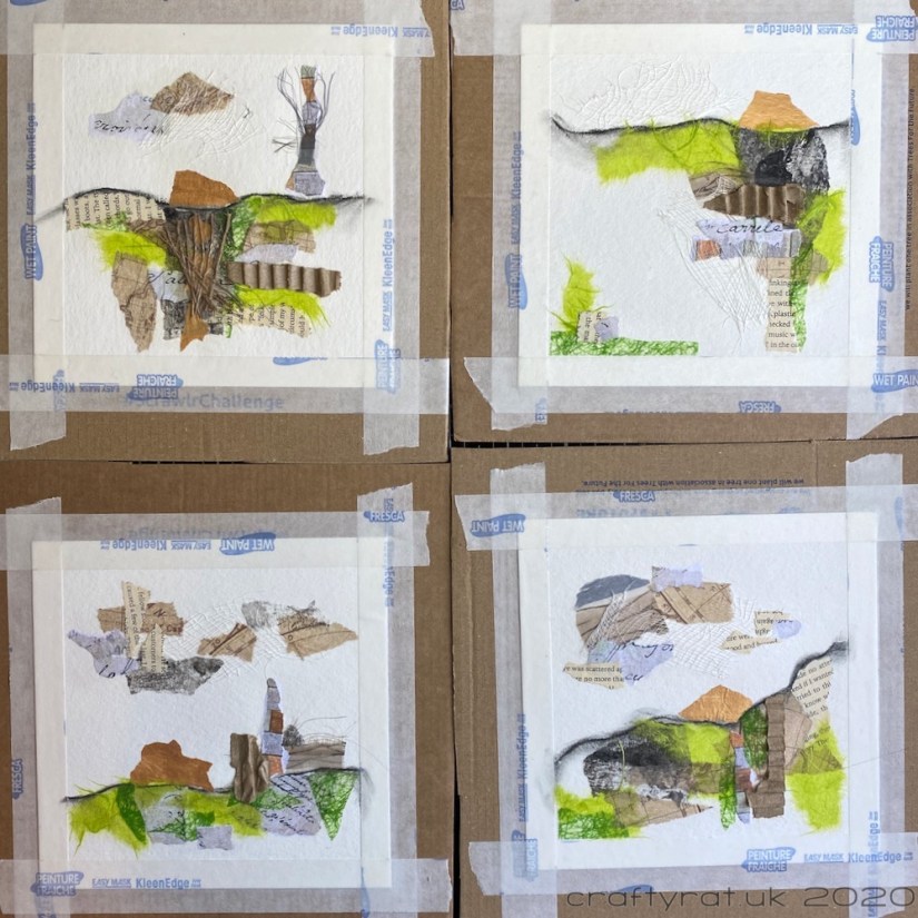 The four landscapes with the horizon lines drawn in and the collage materials in place.