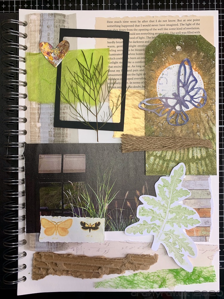 An inspiration scrapbook page with a selection of collage papers, fabrics, images, and odds and ends. In a palette of greens, browns and golds.
