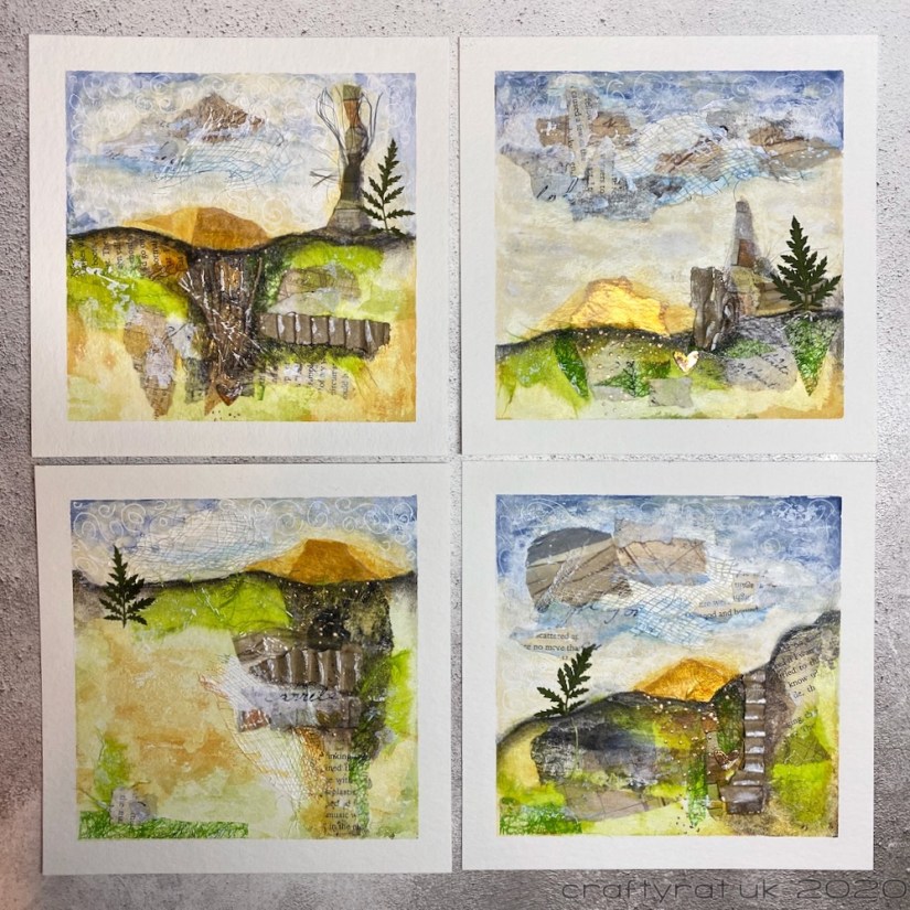 Four abstract collage-based landscape mixed media works.