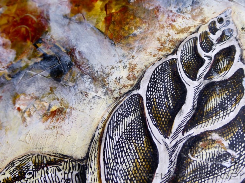 Close-up of one of the shells and the paint texture around it.