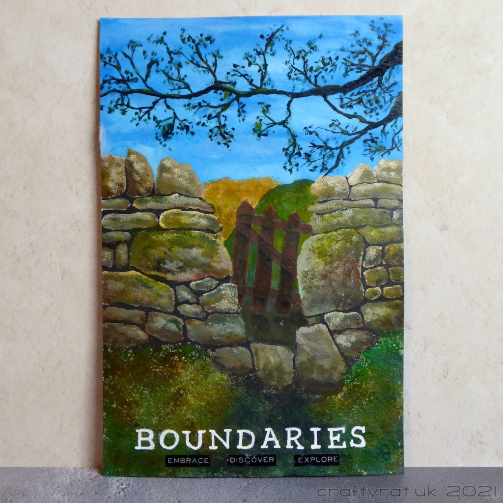 An art journal page with a painting of a dry stone wall in a field with a tree branch overhanging it.
