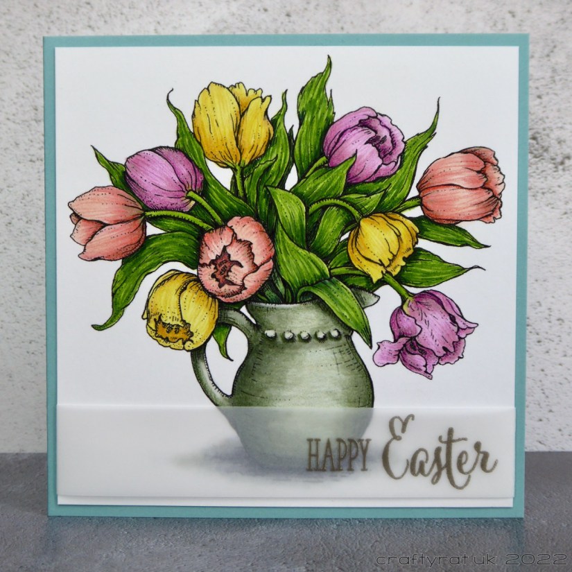 A Happy Easter card with a jug of Copic-coloured yellow, pink and purple tulips.